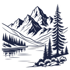 Majestic mountain range reflected in a tranquil lake surrounded by pine trees and rocky shoreline