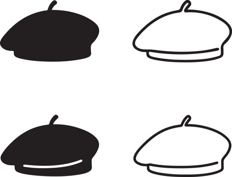 Beret icon set, beret black silhouette, beret vector illustration, beret outline, beret filled black, beret minimal design, beret thin stroke professional icons