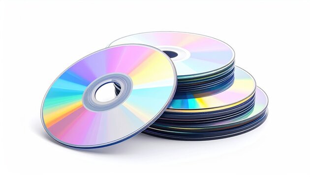 A stack of blank compact discs reflecting a rainbow of light against a white background, creating a simple yet vibrant composition