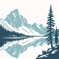 Serene mountain landscape with calm lake reflecting majestic peaks and evergreen forest © shahin9