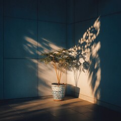 Serene urban corner with potted plant and intricate shadow play evoking tranquility and peaceful ambience