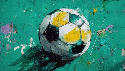 Soccer ball on textured teal wall