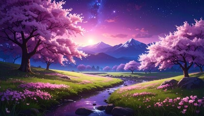 Dreamy landscape Flowing river under cherry blossom trees, distant snowy mountains, and a vibrant sunset blending into a starry night sky