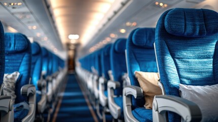 Fototapeta premium Inside an airplane, passenger cabins blend comfort and safety, with seats, crew, and services designed to support travelers throughout their journey. 