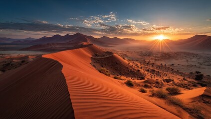 Sunrise over a vast red dune landscape. Dramatic desert panorama