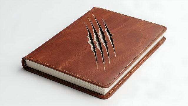 Brown leather-bound notebook with claw marks etched into the cover, creating a dynamic and edgy design