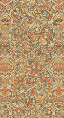 Intricate geometric pattern with floral elements and rich colors creating a detailed design.