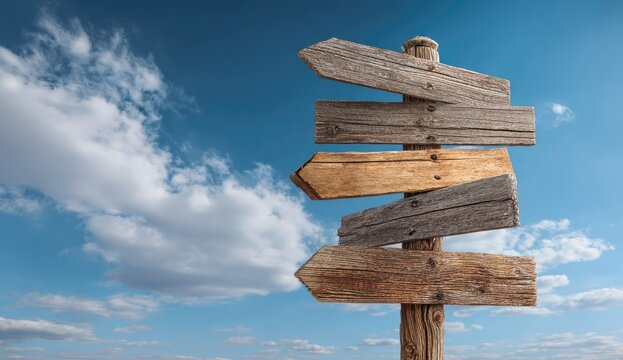 Wooden directional sign against a partly cloudy sky