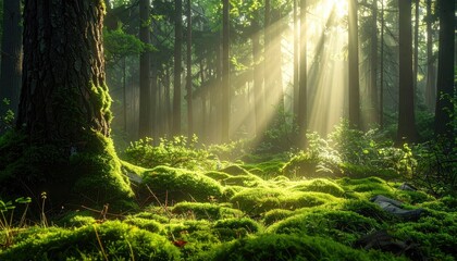 Obraz premium Sunlight pierces through a dense, lush forest, illuminating moss-covered ground and tall trees, creating a serene and magical atmosphere