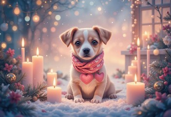 Pastel Holiday Dream  A Dog with Heart Scarf in a Softly Lit Christmas Scene