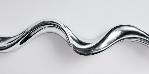 Abstract, flowing, metallic form.  A smooth, reflective, silver-toned, curving shape resembling liquid metal.  The form undulates in a sinuous pattern against a plain white background