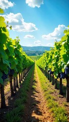 Naklejka premium Sun-drenched vineyard rows heavy with ripening grapes ready for harvest at a picturesque winery Lush green vines stretch to the horizon under a bright blue sky , landscape, country