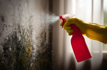 Person spraying mold on wall with cleaning solution, wearing yellow gloves, in a home environment, showing cleaning and maintenance, with a focus on hygiene and health.