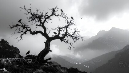 Eerie grayscale image of a gnarled tree, silhouetted against a hazy mountainscape, populated with perched ravens under a foreboding sky