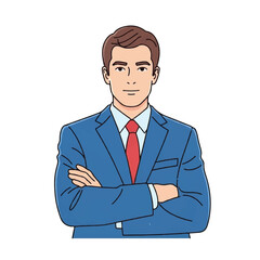 A confident businessman in a blue suit and red tie stands with his arms crossed.