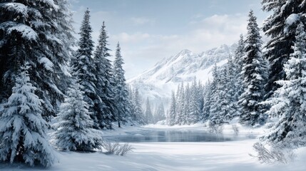 Obraz premium Serene Winter Landscape with Snowy Trees and Frozen Lake View