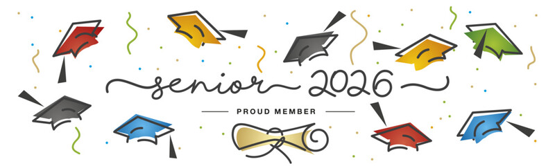 Senior 2026 handwritten typography lettering text. Hand drawn design with diploma colorful confetti and flying graduates caps Congratulations graduates. Golden and black line design white background