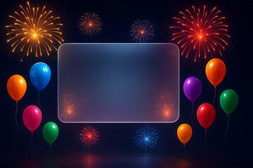 Liquid glass glassmorphism rectangle landscape and fireworks and balloon in elegant style abstract on dark background copy space