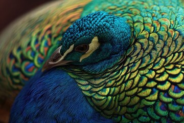Obraz premium Close-up of a peacock's head and neck (1)