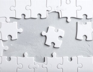 Fototapeta premium White jigsaw puzzle pieces scattered on a gray surface