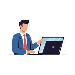 Man in suit pointing at laptop screen, business presentation.