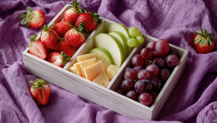 Wooden box with strawberries, grapes, and apple slices