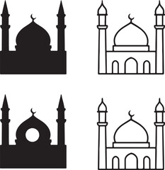 Mosque icon set, mosque black silhouette, mosque vector illustration, mosque outline, mosque filled black, mosque minimal design, mosque thin stroke professional icons