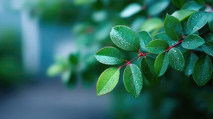 Close Up of Green Leaves with Water Droplets on a Twig Against a Soft Blurred Background in Natural Light