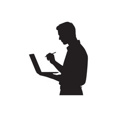 Man Standing Silhouette Holding Laptop and Writing Isolated Vector Illustration.