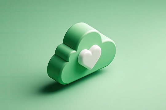 3D rendered light mint green cloud icon, a white heart nestled within