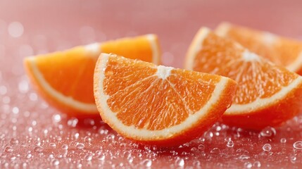 Close Up of Fresh Orange Slices on a Pink Reflective Surface with Water Droplets in Soft Lighting