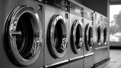 Row of washing machines in a laundromat