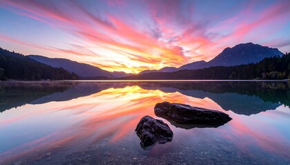 Serene lake sunrise, vibrant colours reflected