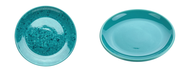 Two Teal Ceramic Plates On White Background Offering Contrasting Texture And Smooth Surfaces Suitable For Culinary And Decorative Purposes