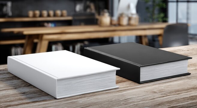 Two blank books on a wooden table in a modern room (1)