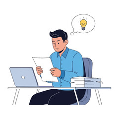 Man working at desk, reviewing documents, laptop, idea.