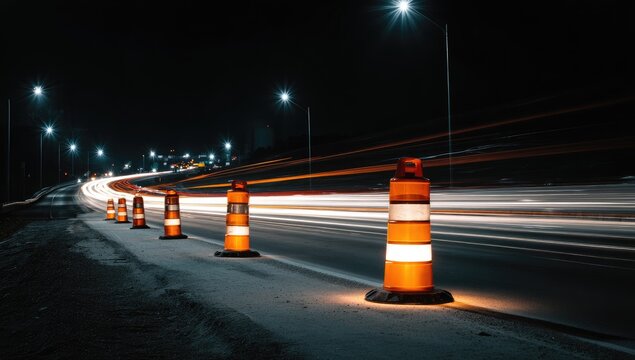 Night highway scene with traffic light trails