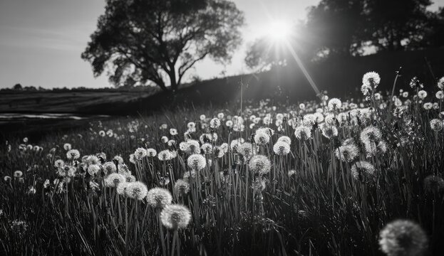 Black and white field of dandelions at sunset