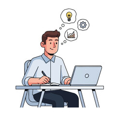 A man working at a desk with a laptop and notebook, thinking about ideas, strategy, and growth.