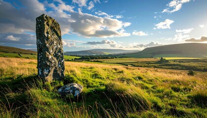 Scenic view of a monolithic stone structure in a golden field beneath a partly cloudy blue sky with rolling hills on the horizon