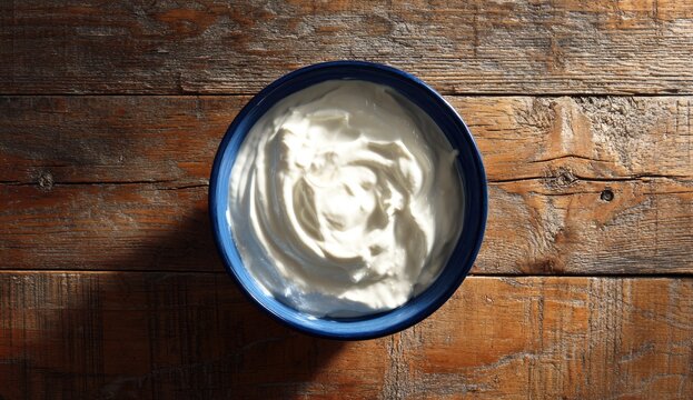Creamy yogurt in a blue bowl on a wooden table (1) - Powered by Adobe