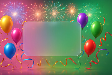 Liquid glass glassmorphism rectangle and balloons and fireworks in elegant style green and red background copy space