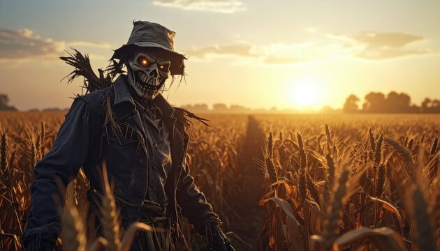 Scarecrow figure, with glowing eyes, in a golden wheat field during sunset. Shadowy, straw-like details and hat add to the eerie scene
