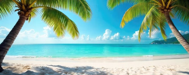 Sun-drenched beach scene with vibrant turquoise water, soft white sand, and lush palm trees swaying gently in the breeze Perfect for summer holiday promotions , beach, paradise, idyllic