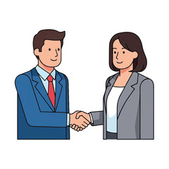 Illustration of two business people shaking hands, symbolizing agreement and partnership.