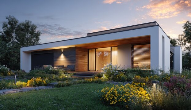 Modern house at twilight - Powered by Adobe