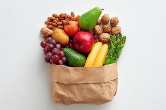 Assorted fresh produce and nuts in a brown paper bag