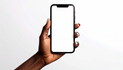 A dark-skinned hand holds a blank white-screen smartphone against a clean white background, ready for content insertion