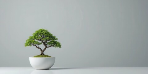 Clean Minimalist Green Bonsai Tree in a White Concrete Pot with a Solid Light Gray Background