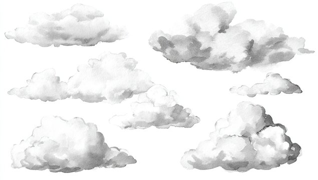 Monochrome watercolor clouds.  A collection of various cloud shapes, rendered in shades of gray and white, suggesting a cloudy sky.  Each cloud is distinct in its form and density